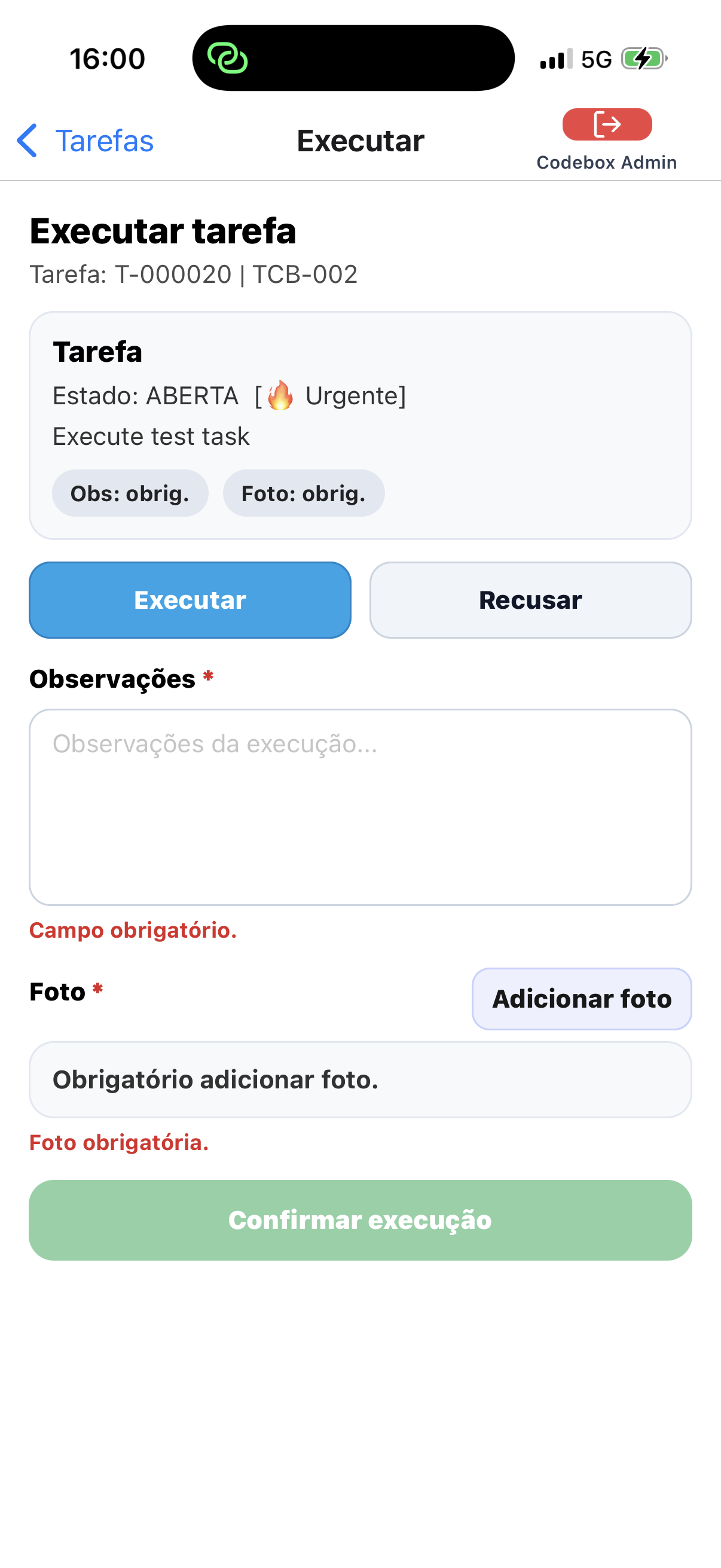 Lista de tarefas enviadas