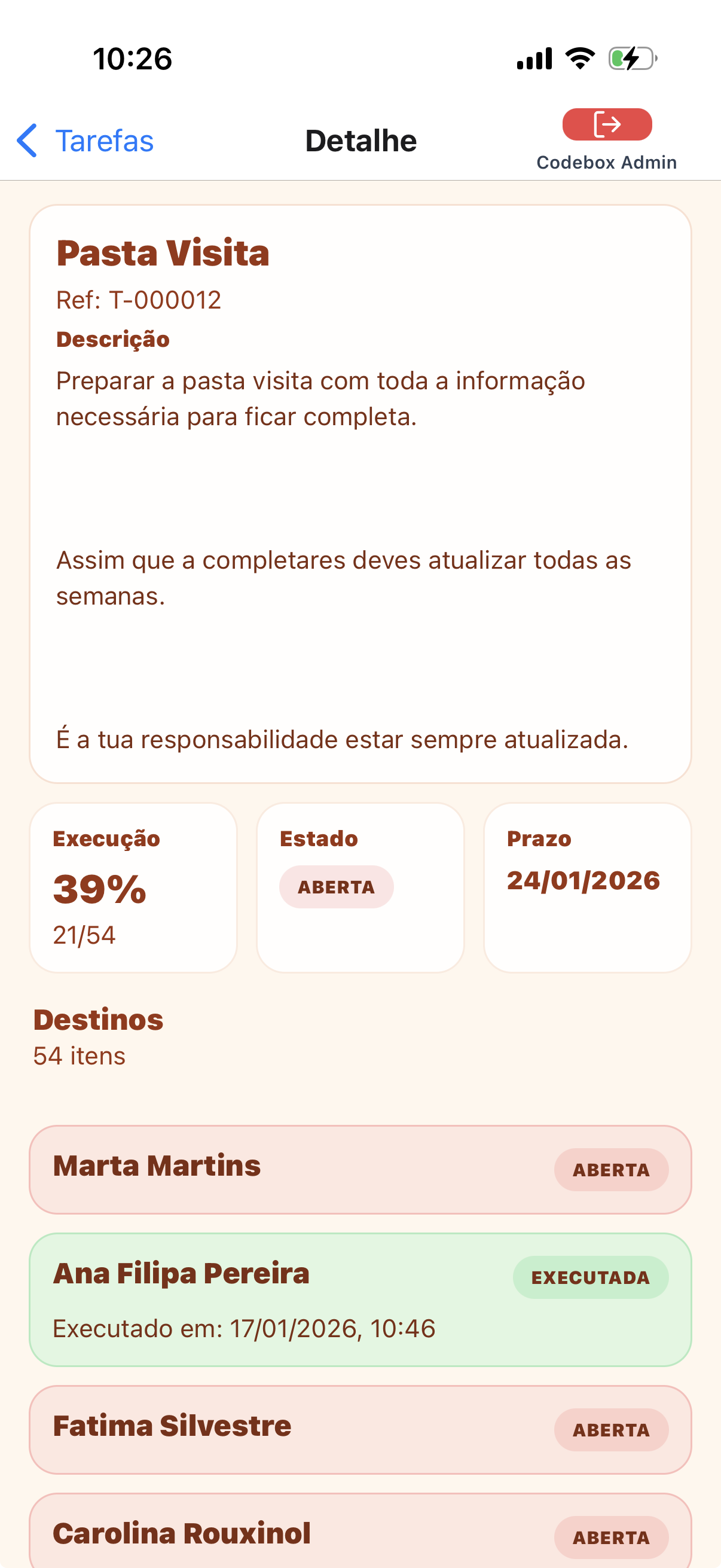 Visualização estado tarefa